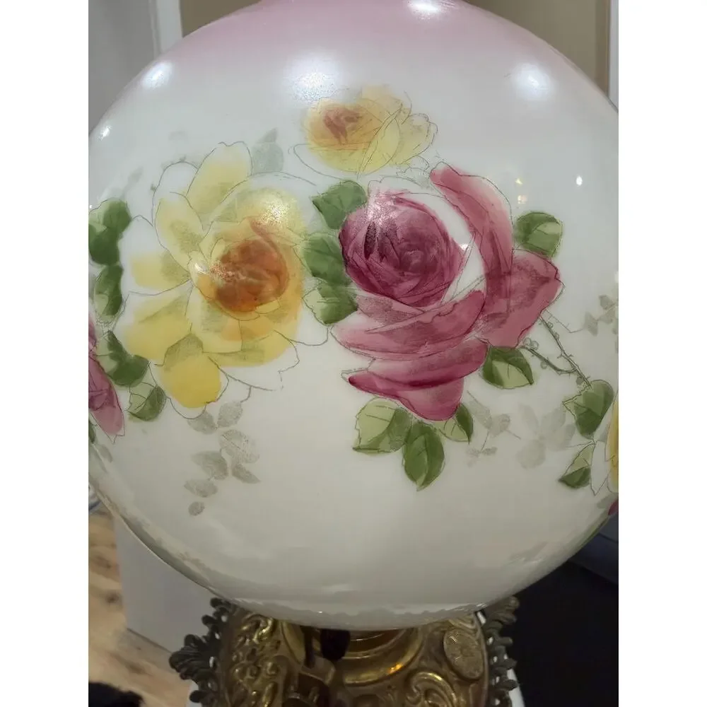 Antique Gone With the Wind Lamp Hand Painted Floral Globe Electrified 25